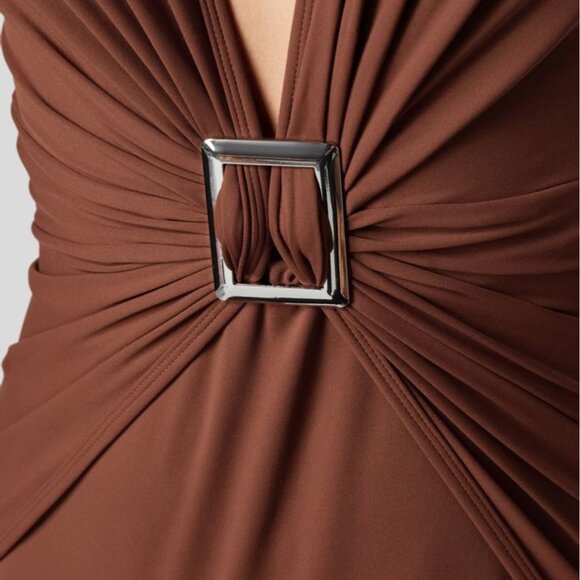 Halara Deep V Neck Halter Backless Ruched Bodycon Mini Casual Dress Sz Large Bro - Picture 6 of 14